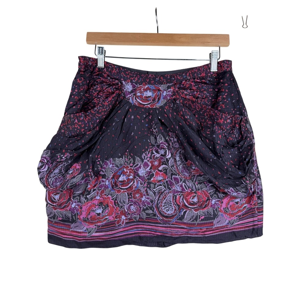 Anthropologie Anna Sui Silk Flora/Stripe Print Mini Skirt size 4 Black/Purple